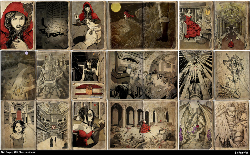 Old hand drawn and inked on paper sketches.